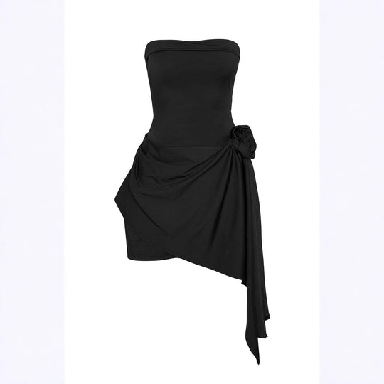 Damen elegantes schulterfreies Wickelkleid mit asymmetrischem Saum und floralem Detail R&B