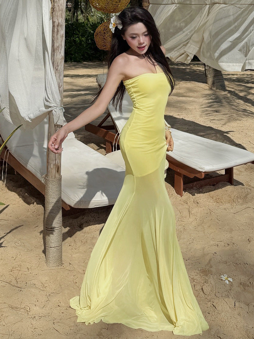 Damen Strapless Maxikleid mit fließendem Rock R&B