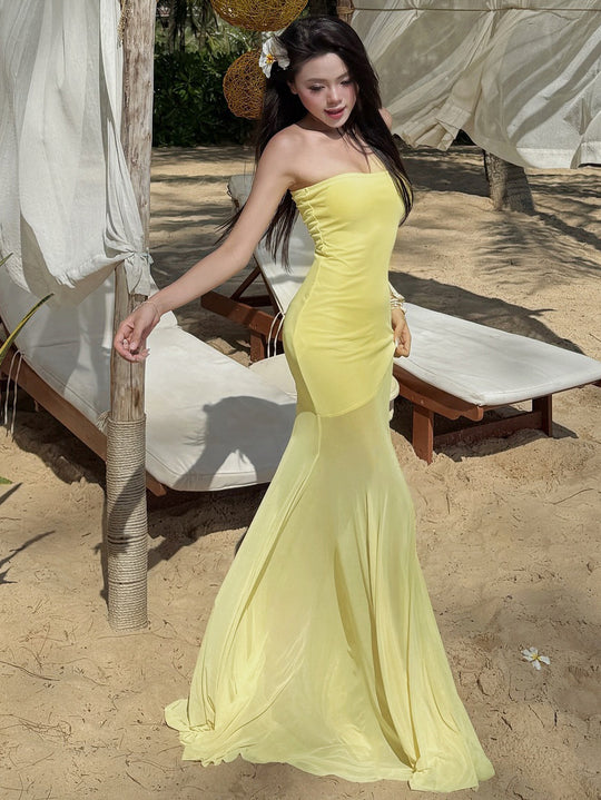 Damen Strapless Maxikleid mit fließendem Rock R&B