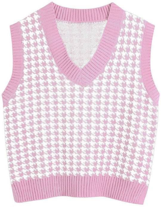 Damen ärmellose Strickweste mit modernem Hahnentrittmuster R&B
