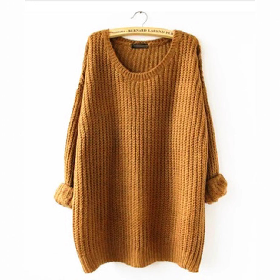 Damen Grobstrickpullover mit weiten Ärmeln und tiefem Rundhalsausschnitt R&B