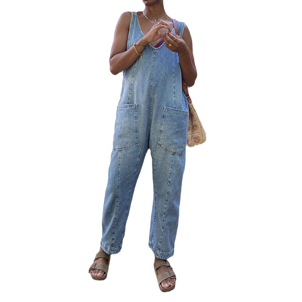 Damen lässiger Jumpsuit mit tiefem Ausschnitt und praktischen Taschen R&B