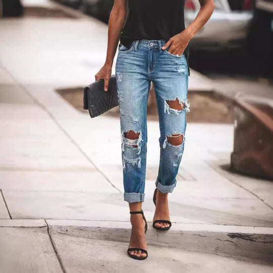 Damen Destroyed Boyfriend Jeans im lässigen Stil mit hohen Rissdetails R&B
