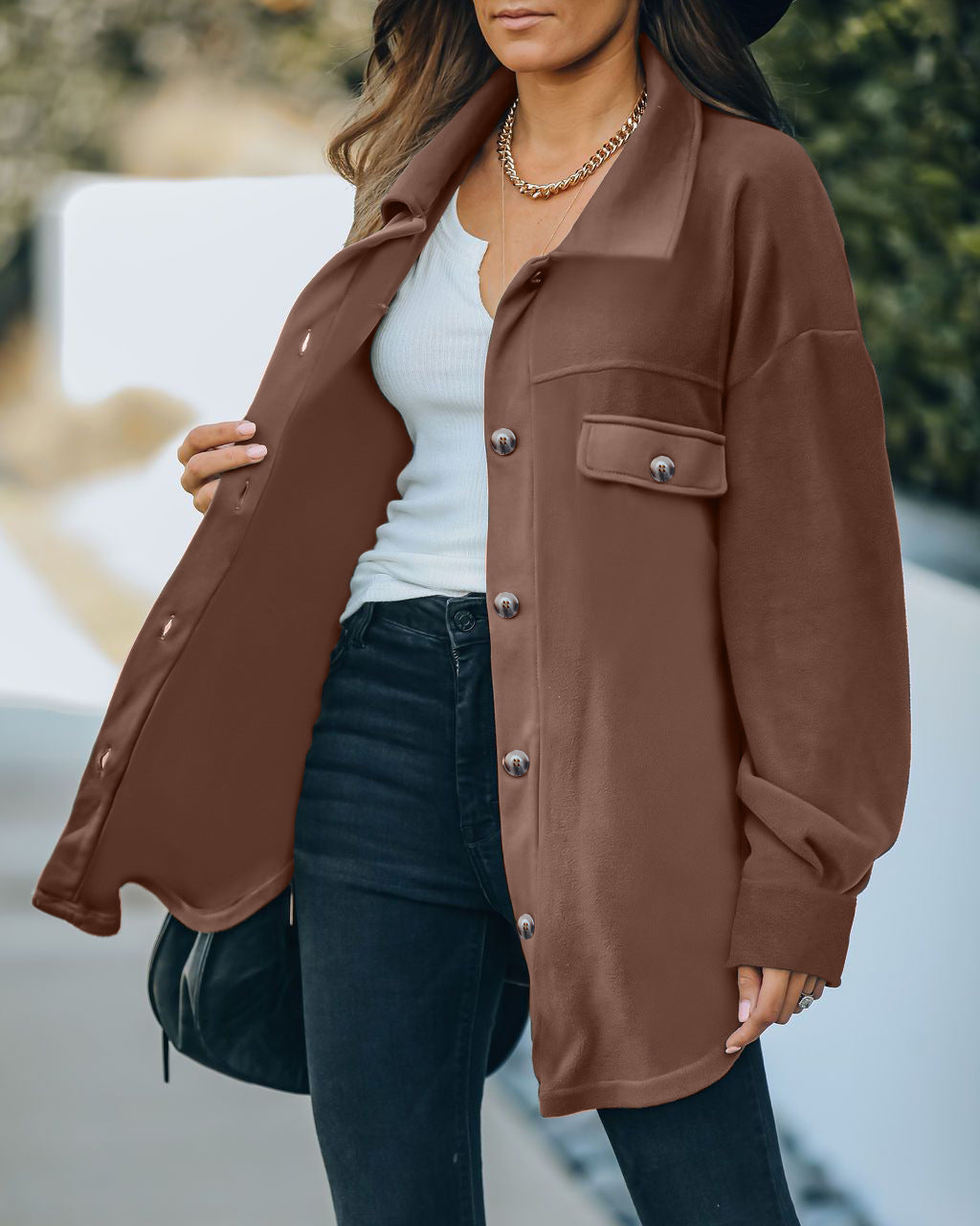Damen Oversized Hemdjacke aus weichem Stoff mit praktischen Taschen R&B