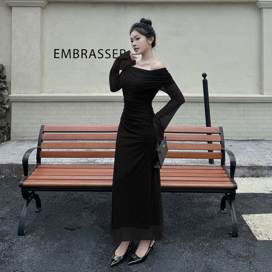 Damen Off-Shoulder Abendkleid mit gerafftem Design und langen Ärmeln R&B