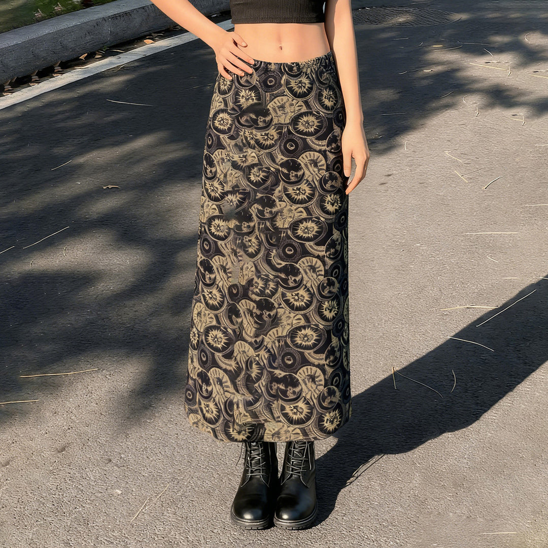 Damen Midi-Rock mit kunstvollem Druck und elastischem Bund R&B