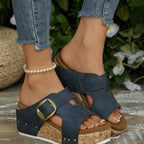 Damen Plattform Sandalen mit dekorativem Riemchen und komfortabler Korksohle EB