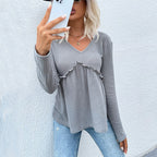Damen V-Ausschnitt Langarmshirt mit Rüschendetails