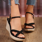 Damen Wedge-Sandalen mit bedruckter Korksohle und verstellbarem Riemendesign R&B
