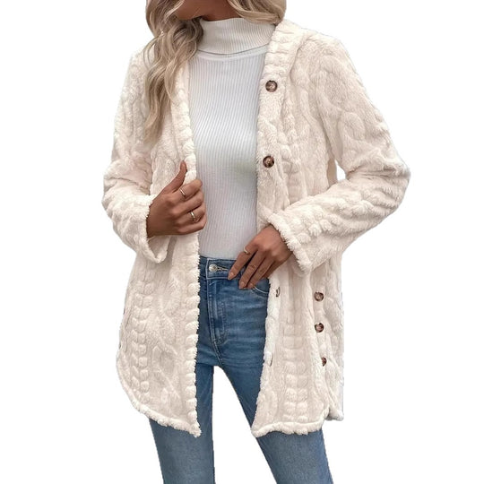 Damen Plüschjacke mit Kapuze und Knopfverschluss R&B