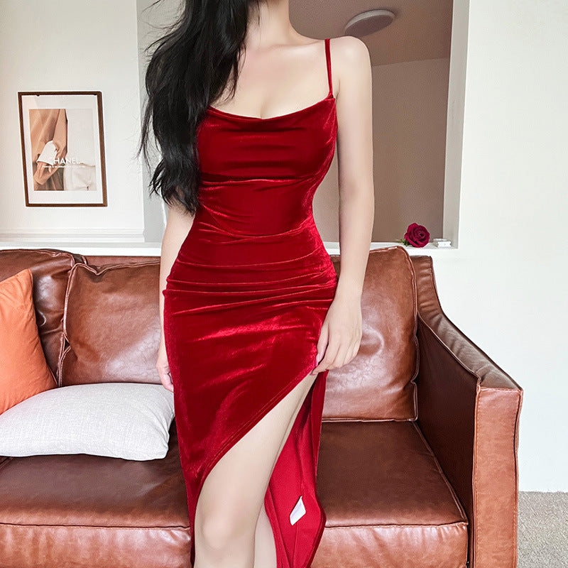 Damen elegantes Wickelkleid mit hohem Schlitz und schmalen Trägern R&B