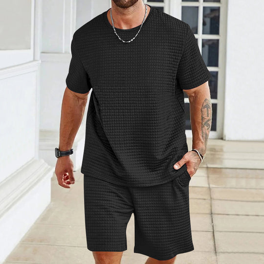Herren nan Waffelstruktur Wohn- und Freizeit-Set mit weit geschnittenem Kurzarmshirt und kurzer Hose mit elastischem Bund R&B