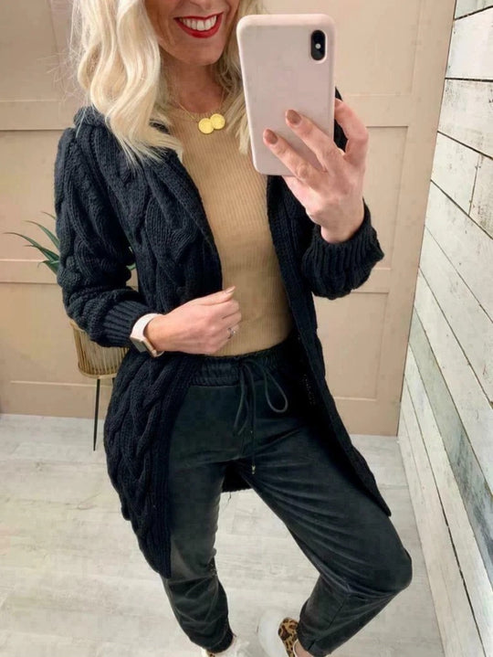 Damen Grobstrick-Cardigan mit Kapuze und Zopfmuster R&B