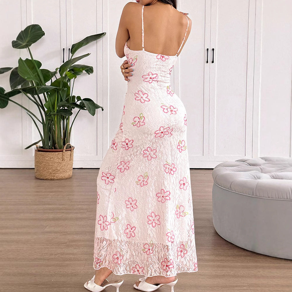 Damen Maxikleid mit floralem Spitzenmuster und verstellbaren Trägern R&B