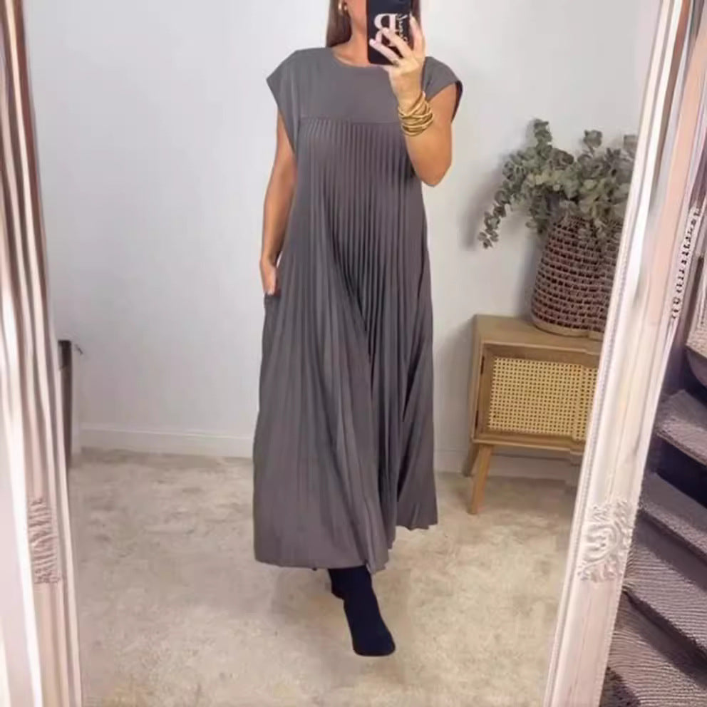 Damen nan fließendes plissiertes Maxikleid mit überschnittenen Schultern und Eingrifftaschen R&B