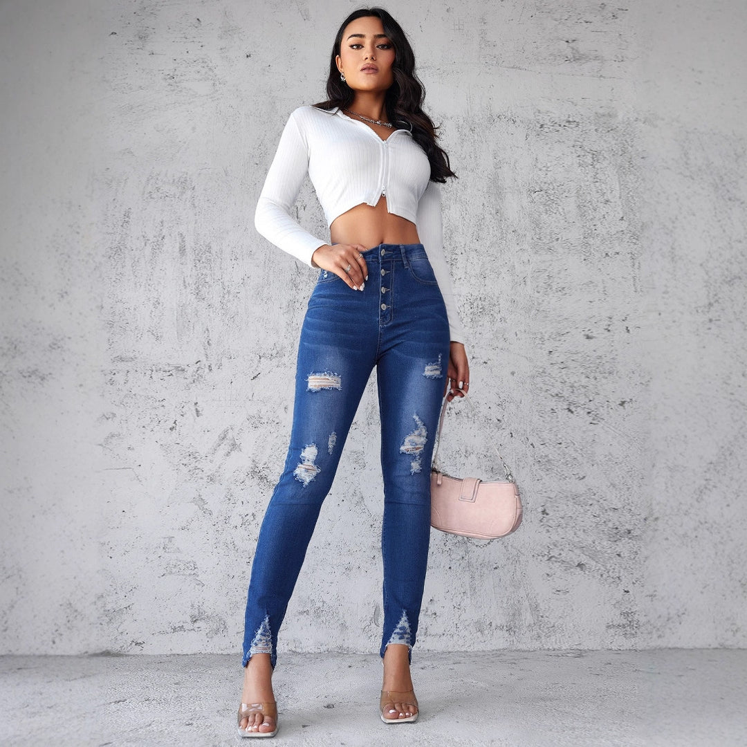 Damen Jeans im modernen Skinny Fit mit knöpfen und modischen Rissdetails R&B