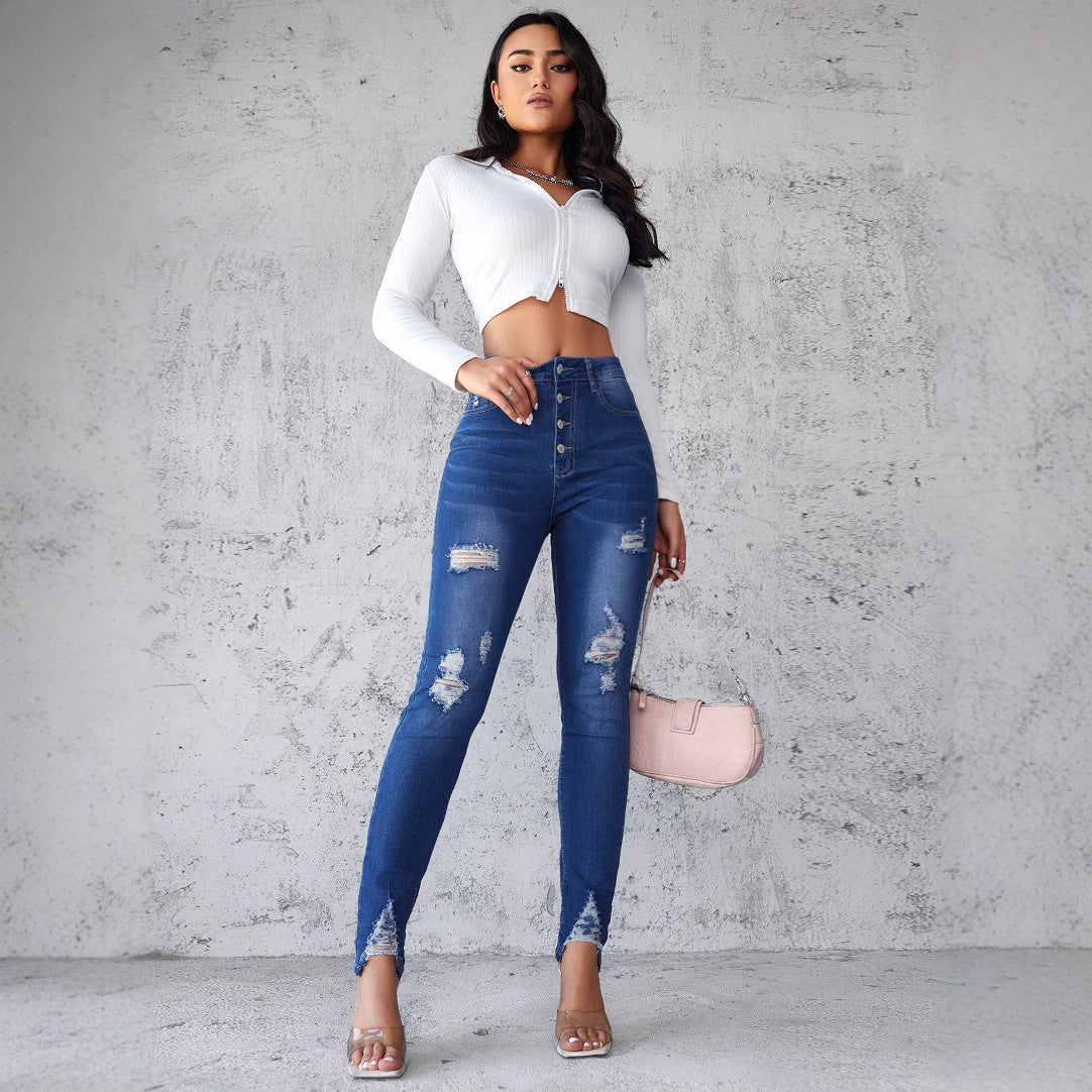 Damen Jeans im modernen Skinny Fit mit knöpfen und modischen Rissdetails R&B