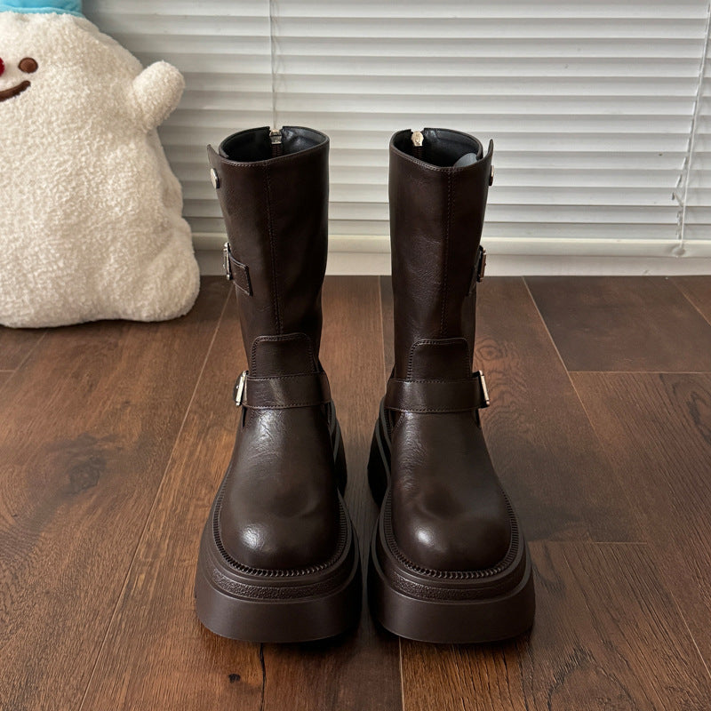 Damen modische kniehohe Stiefel mit verstellbarem Riemendesign und robustem Profil R&B