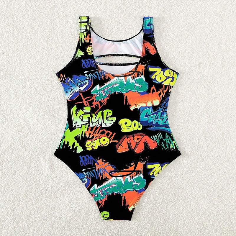 Damen Einteiler Badeanzug mit kreativem Graffiti-Muster und modernem Cut-Out