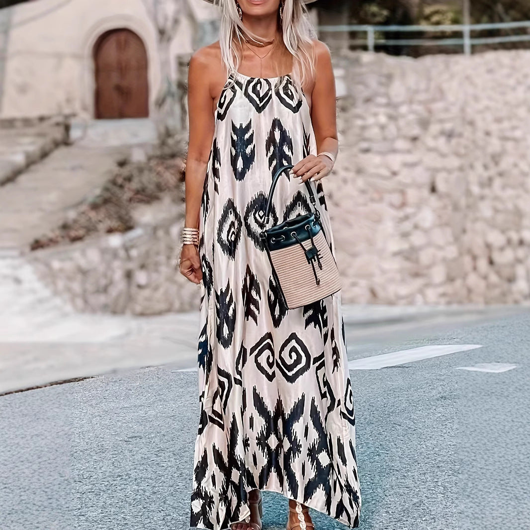 Damen maxi Kleid mit zeitgemäßem Tribal-Muster und schwingendem Saum R&B