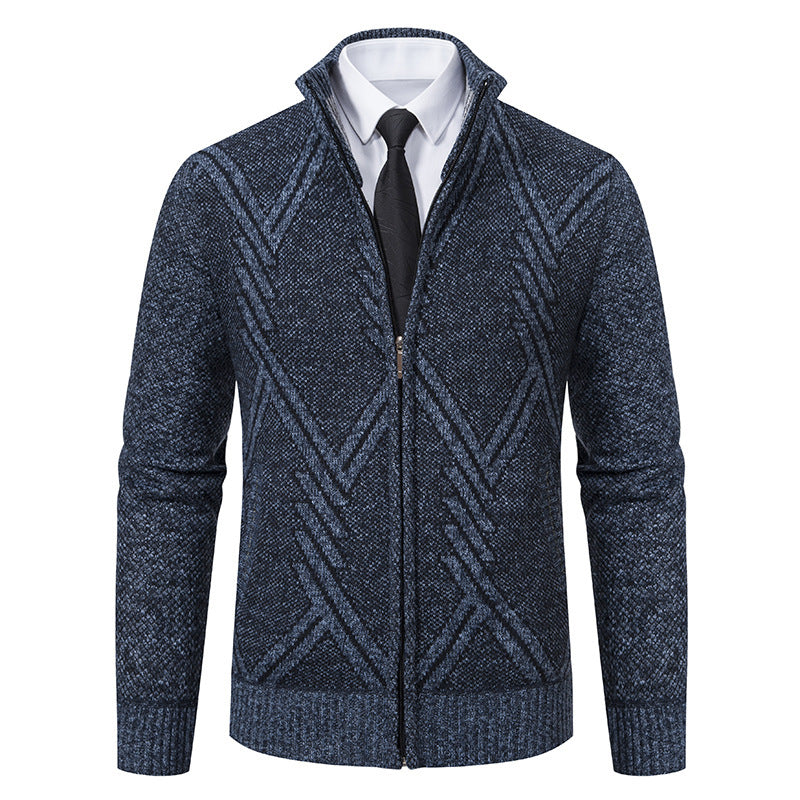 Herren elegante Strickjacke mit strukturiertem Zopfmuster und hochschließendem Kragen R&B