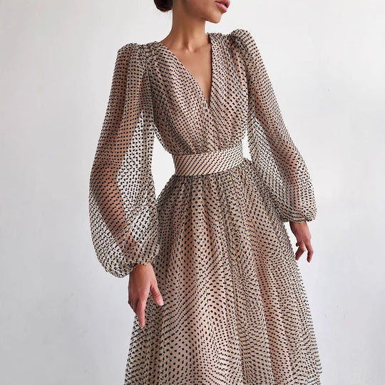 Damen Kleid mit transparentem Puffärmel und floralem Punkte-Design R&B