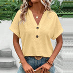 Damen modisches Kurzarm-Oberteil mit Knopfdetails und Struktur R&B
