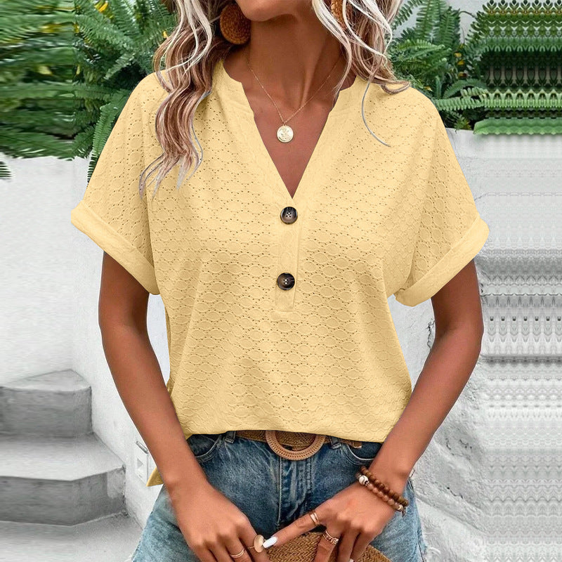 Damen modisches Kurzarm-Oberteil mit Knopfdetails und Struktur R&B
