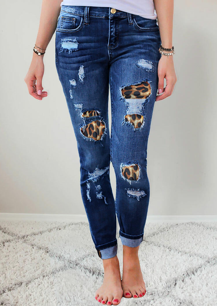 Damen Slim-Fit Jeans mit Leoparden-Detail und Distressed-Optik R&B
