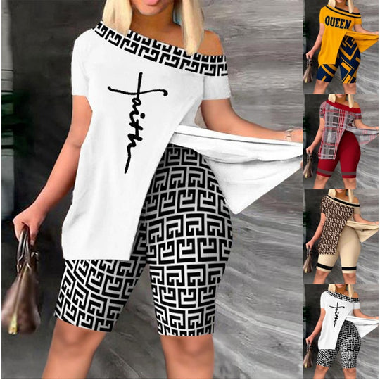 Damen lässiges Set mit asymmetrischem Oberteil und Radlerhose R&B