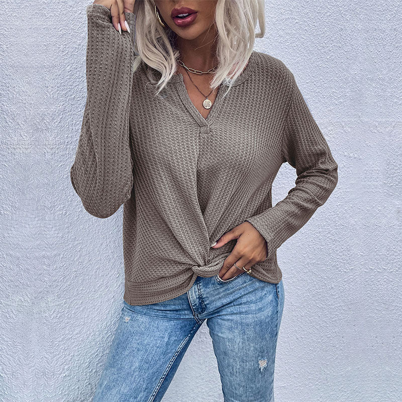 Damen lässiger V-Ausschnitt Pullover mit Knopfdetails und Knotendesign R&B