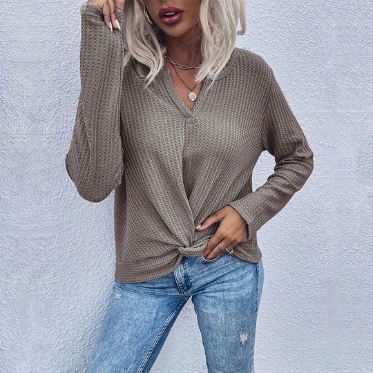 Damen lässiger V-Ausschnitt Pullover mit Knopfdetails und Knotendesign R&B