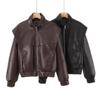 Damen elegante Kunstlederjacke mit hohem Kragen R&B