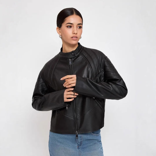 Damen Kunstleder Bikerjacke mit strukturiertem Design R&B