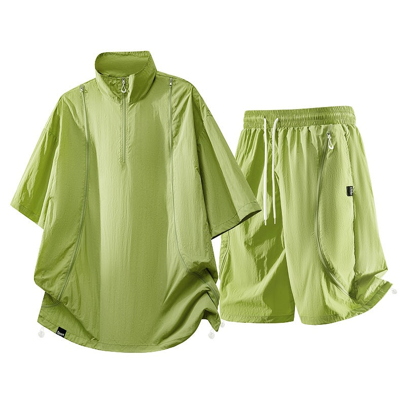 Herren nan oversized sportliches Freizeit-Set mit Halbzip, Stehkragen und elastischen Cargo-Shorts R&B