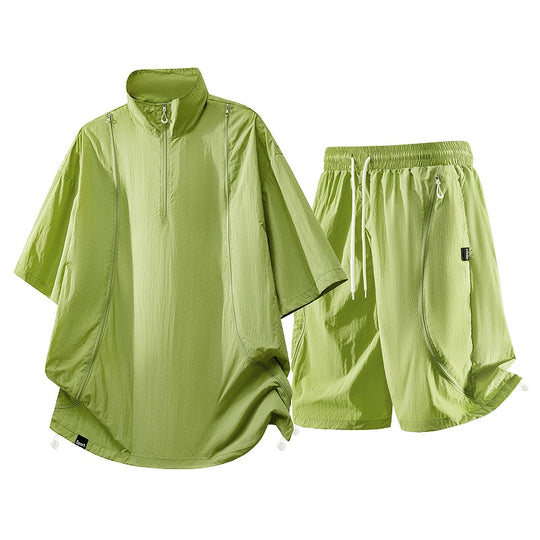 Herren nan oversized sportliches Freizeit-Set mit Halbzip, Stehkragen und elastischen Cargo-Shorts R&B