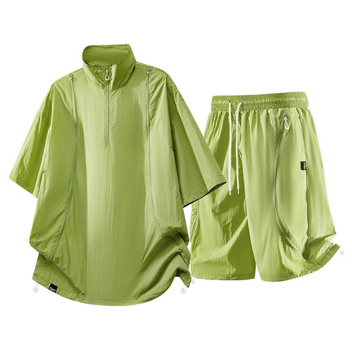 Herren nan oversized sportliches Freizeit-Set mit Halbzip, Stehkragen und elastischen Cargo-Shorts R&B