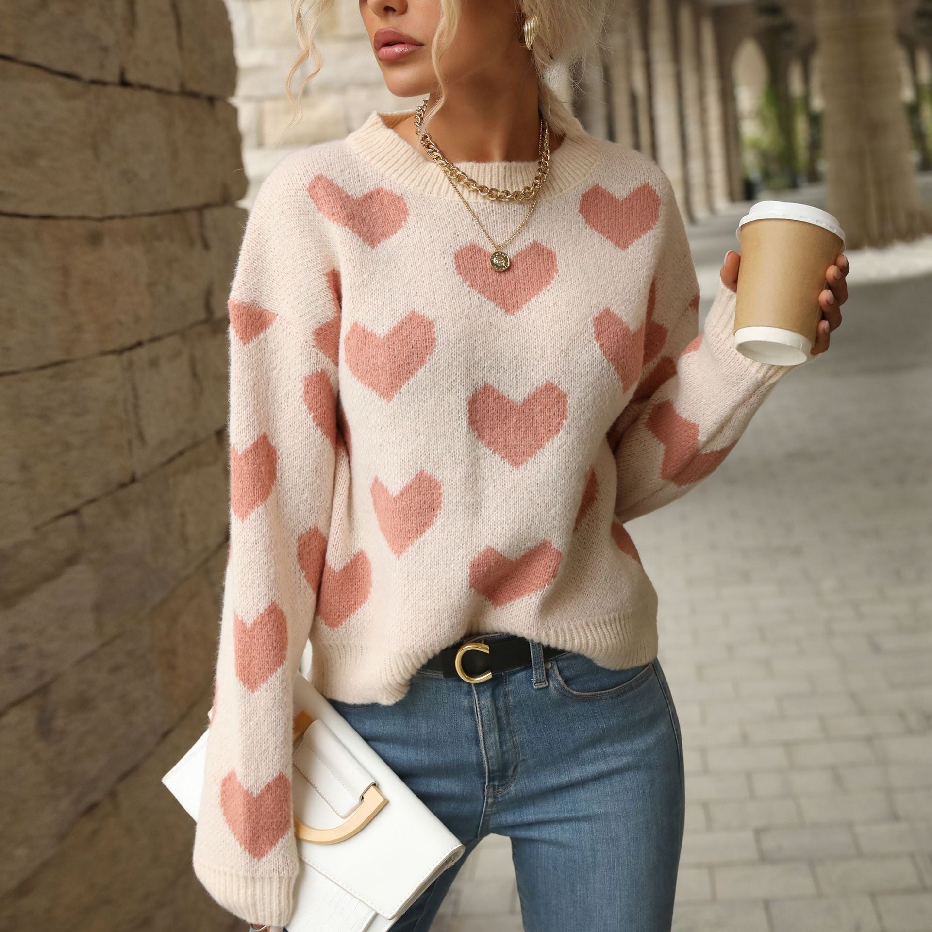 Damen Sweater mit Herzmuster und weitem Schnitt