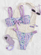 Damen Bandeau-Bikini mit floralem Design und verspielten Rüschen R&B
