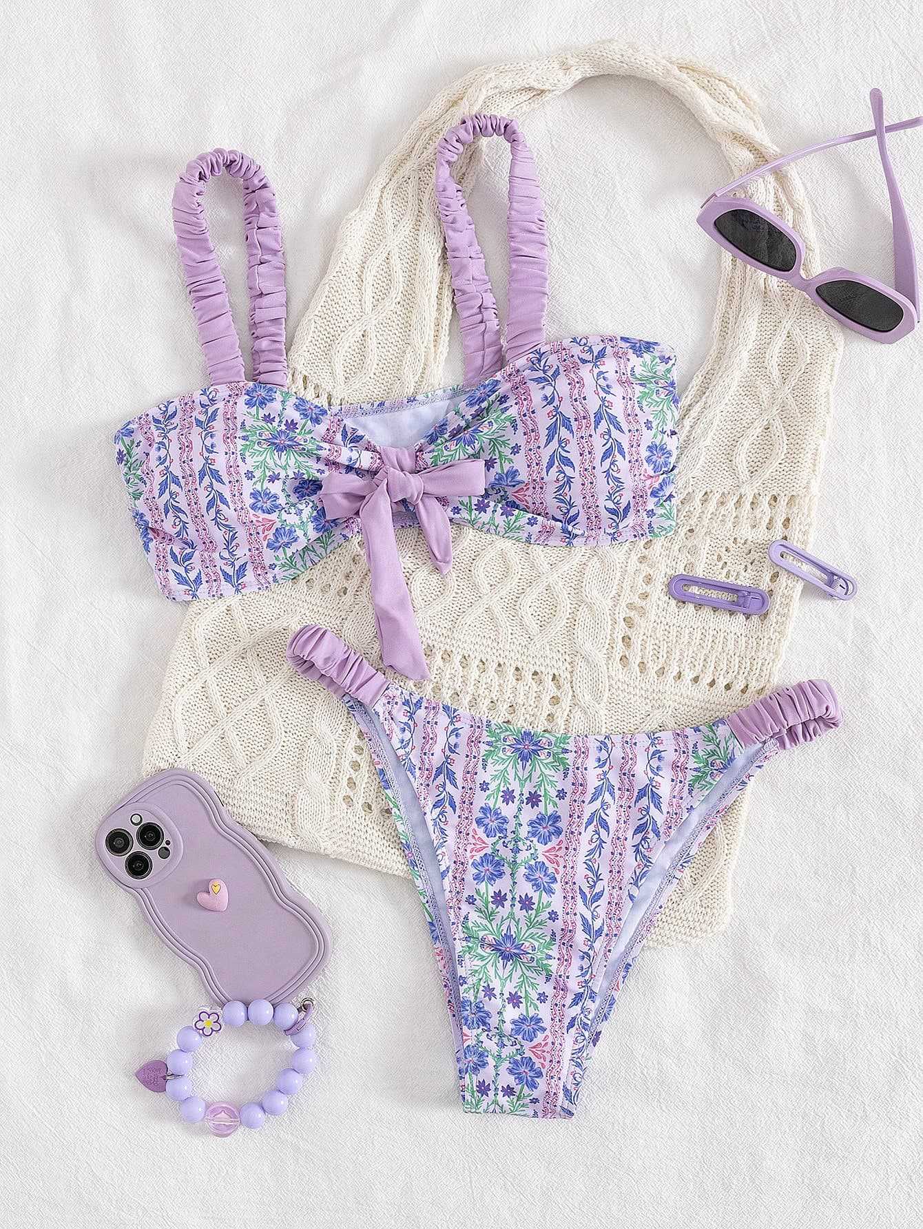 Damen Bandeau-Bikini mit floralem Design und verspielten Rüschen R&B