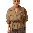 Damen Elegante Utility-Jacke mit Taillengürtel und praktischen Taschen R&B