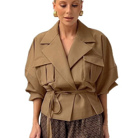 Damen Elegante Utility-Jacke mit Taillengürtel und praktischen Taschen R&B