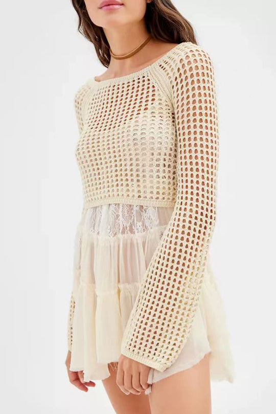 Damen gehäkeltes Crop-Top mit weiten Ärmeln und bunten Streifen R&B