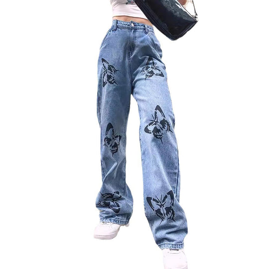 Damen weite Jeans mit auffälligem Schmetterlingsdruck R&B