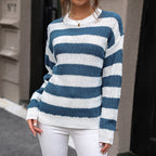 Damen gestreifter Strickpullover mit lässigem Schnitt und hohem Kragen R&B