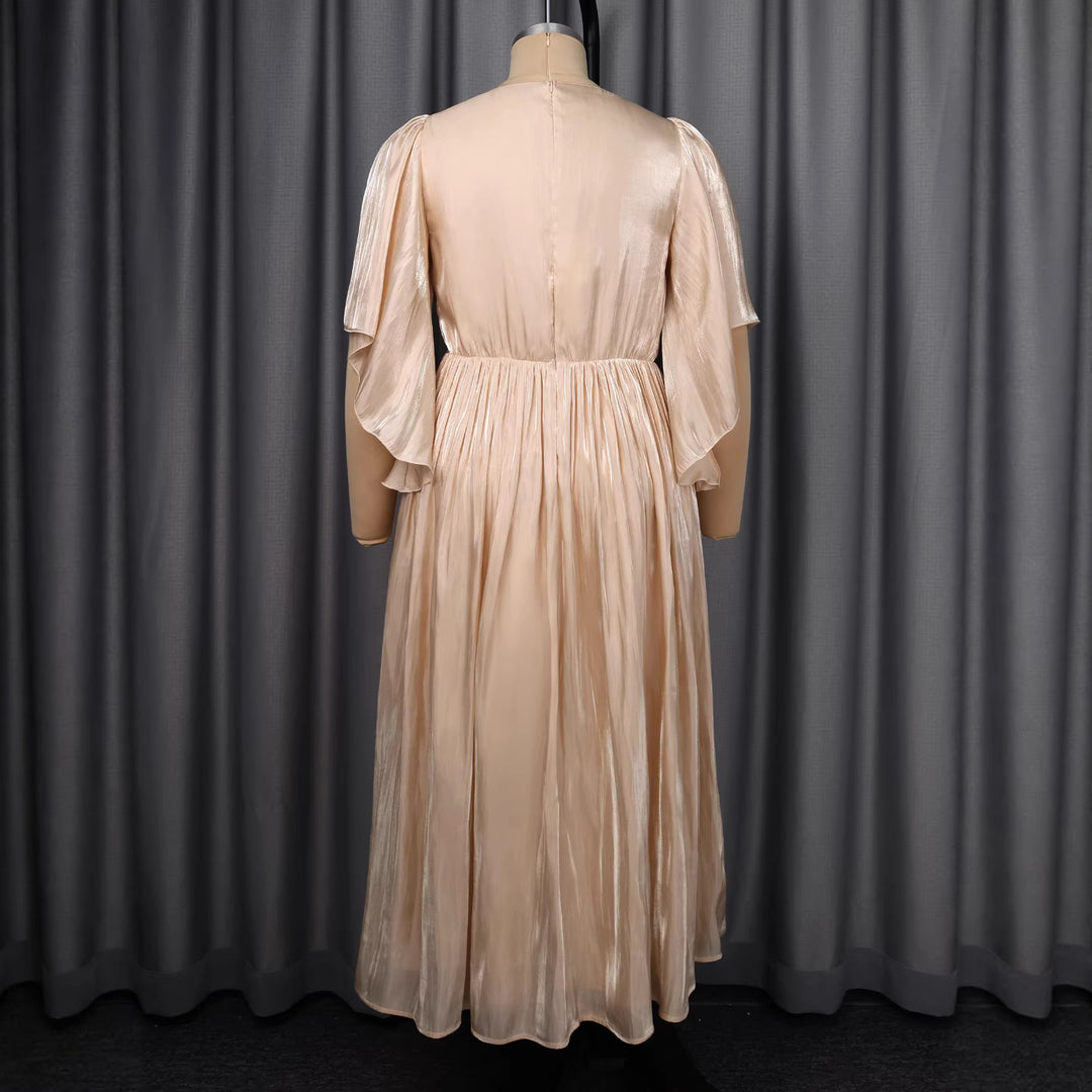 Damen Fließendes Maxi-Kleid mit eleganten Volantärmeln und Taillengürtel R&B