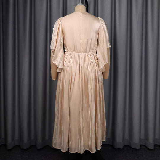 Damen Fließendes Maxi-Kleid mit eleganten Volantärmeln und Taillengürtel R&B