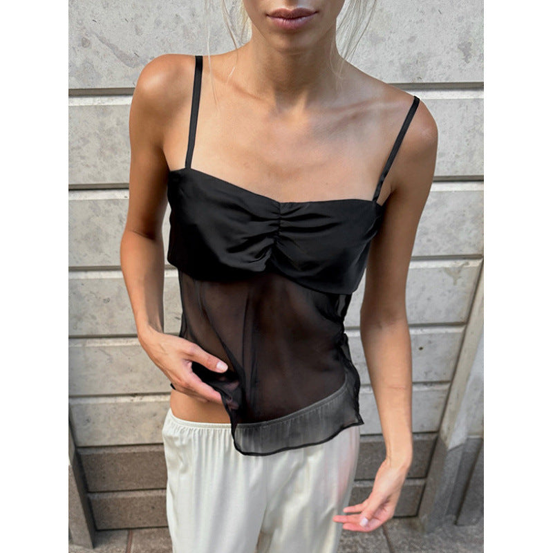 Damen Sexy Trägertop mit transparentem Stoff und raffiniertem Falten-Design R&B