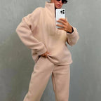 Damen sportlicher Fleece-Pullover und Jogginghose-Set mit hohem Kragen