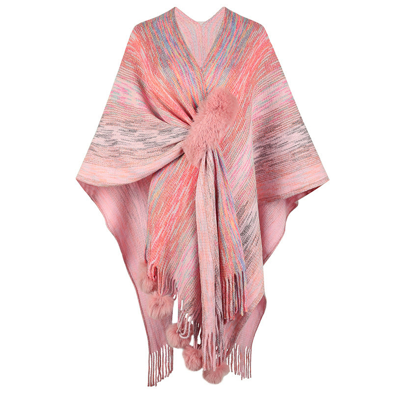 Damen modischer Poncho mit luxuriösem Kunstfellbesatz und kreativen Fransen R&B